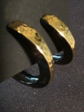 Hammered Gold-tone and Black Enamel Half Hoop Pierced Statement Earrings.